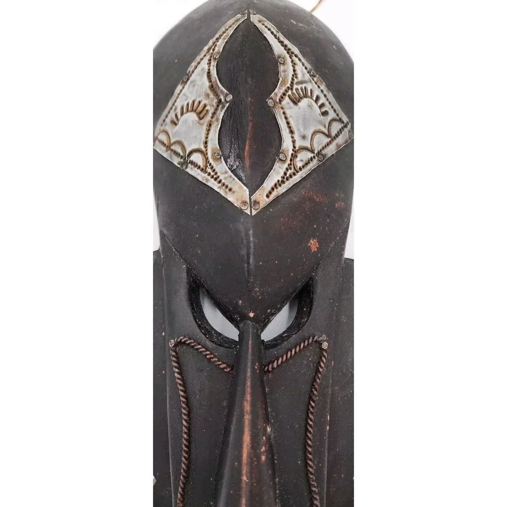 Wooden Hand Carved Beautiful And Hammered Metal Ghana Mask 14 1/2